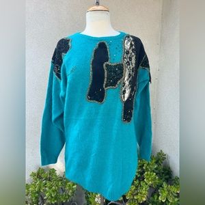 Vintage wounded bird lambswool pullover sweater teal with leather accents medium